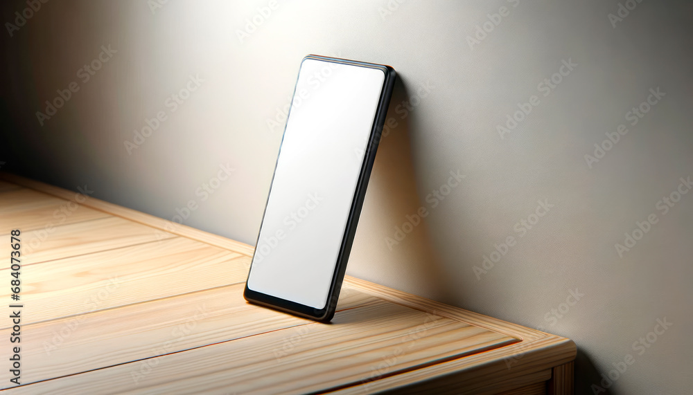 Poster smartphone with blank screen on the wooden table and wall background, mockup. generative ai