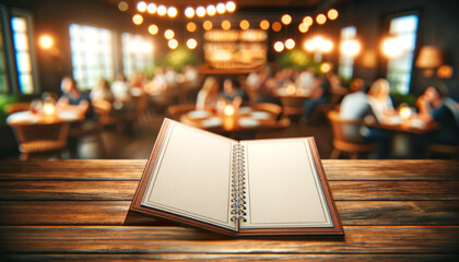 Warm cafe scene with blank notebook mockup on wood table, bokeh lights in background. Generative AI