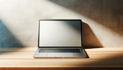Fototapeta premium Laptop displaying a blank screen on a wooden table with sunlight casting geometric shadows. Generative AI