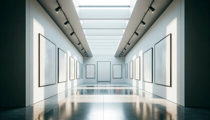 Minimalist gallery corridor with poster frames casting long shadows. Serene exhibition space. Generative AI
