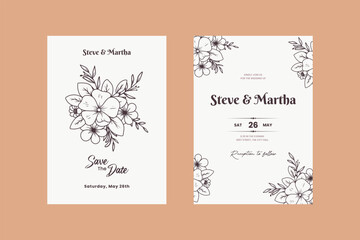 Fototapeta na wymiar hand-drawn floral wedding invitation card with line art botanical flowers and leaves