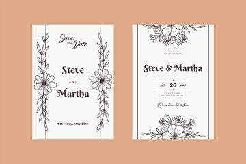 hand-drawn floral wedding invitation card with line art botanical flowers and leaves