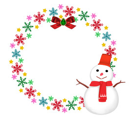 クリスマスイメージ　おしゃれな円形フレーム　雪だるまと雪の結晶　素材　シンプル　リース　飾り枠