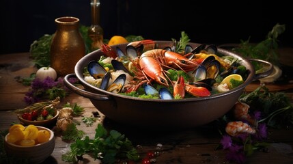 Fototapeta na wymiar Delicious Spanish paella highlighting mussels and shrimps. Generative AI