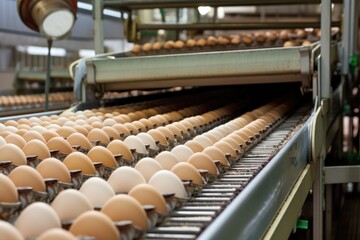 Egg packing industrial machine in food processing factory. Generative AI