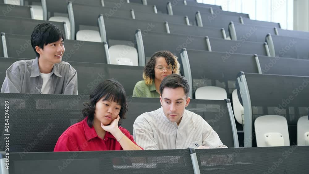 Poster a group of multinational students taking a lecture in an auditorium. international education.
