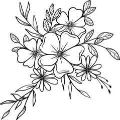 Obraz premium Hand-drawn floral arrangement outlines flowers and leaves bouquet