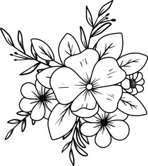 Hand-drawn floral arrangement outlines flowers and leaves bouquet
