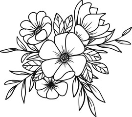 Hand-drawn floral arrangement outlines flowers and leaves bouquet