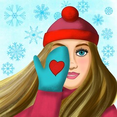 The illustration of blond girl in warm hat and a mitten on the snowflakes background 