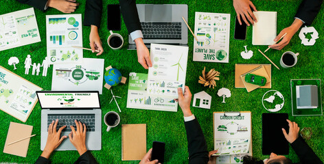Panorama top view of business people planning business marketing with environmental responsibility...