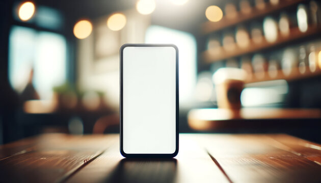 Mockup image of a smartphone with blank white screen on a wooden table in a cafe. Generative AI