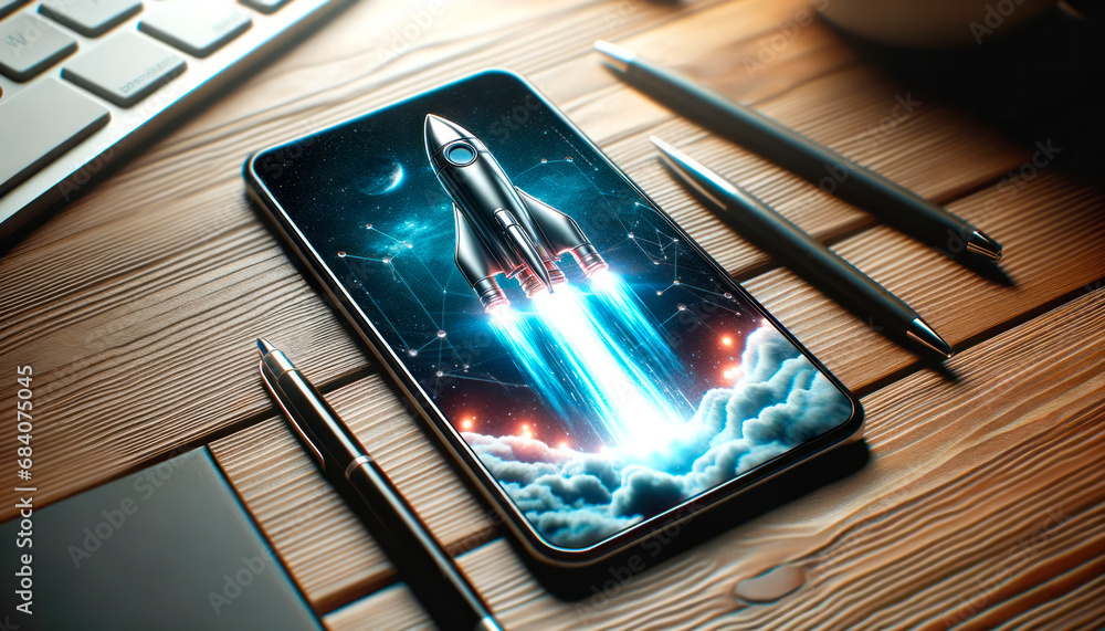 Poster smartphone showcasing space shuttle launch. generative ai