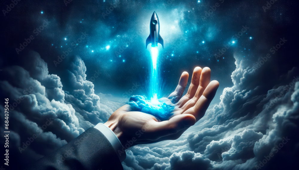 Poster businessman with holographic rocket launch in hand. generative ai