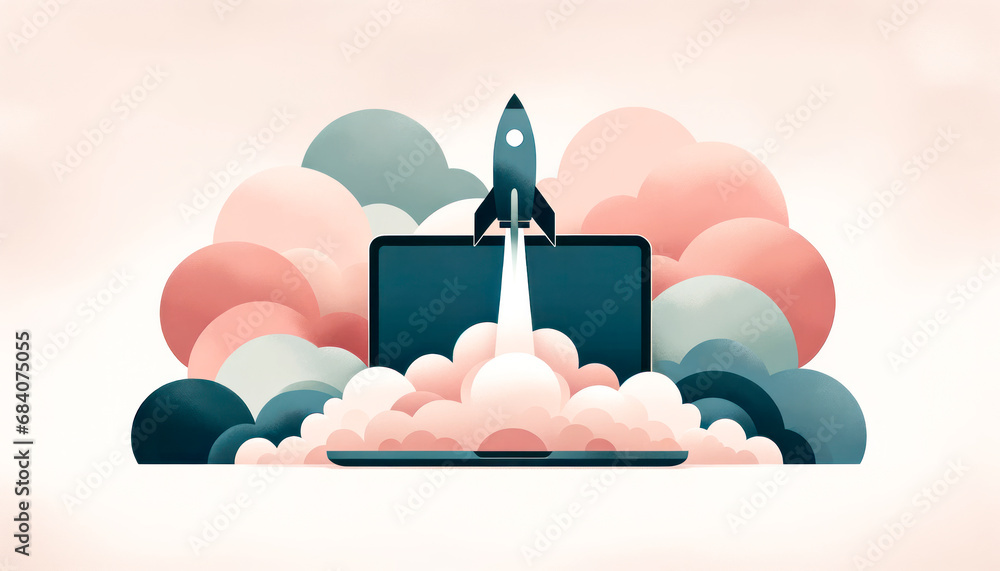 Poster minimalistic laptop with rocket launch, pastel clouds. generative ai