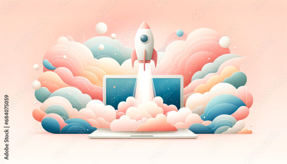 Poster whimsical pastel cloudscape with a rocket launching from a laptop. generative ai