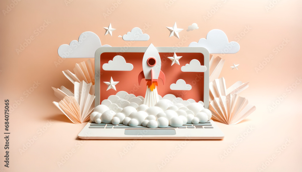 Poster 3d paper art rocket launching from a laptop screen. generative ai