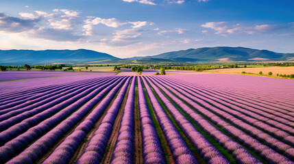An aerial view of a lavender field with mountains in the background. Generative Ai	