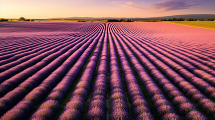 Fototapeta premium An aerial view of a lavender field with mountains in the background. Generative Ai 