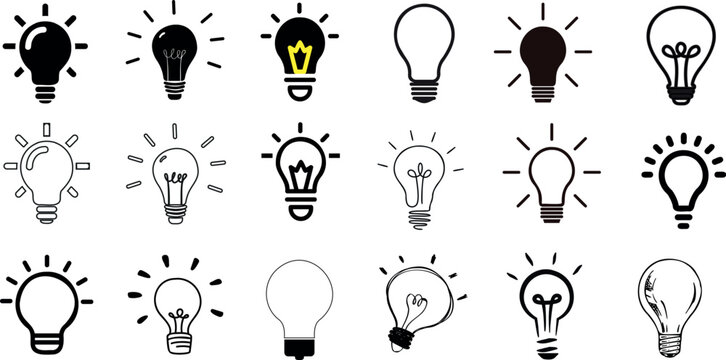 Lightbulb vector illustration set showcasing various styles and designs. Perfect for creative projects, graphic design, and more. Depicts idea, innovation, electricity, energy, power, bright, shine