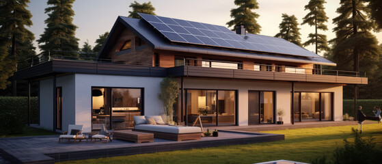 an elegent modern house with solar pannels on roof - obrazy, fototapety, plakaty