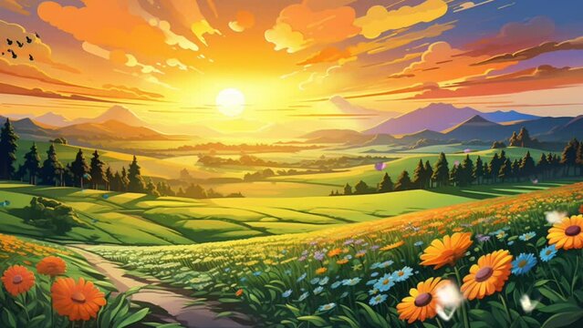 Sundown over flower fields landscape, flower field with sunset and butterflies flying around the flowers. seamless looping virtual video animation background, cartoon style. Generated with AI