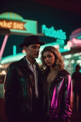 Fototapeta premium Vintage fashion portrait of a young couple on city street at night, 50s and 60s, Polaroid-style photograph.