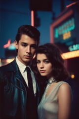 Vintage fashion portrait of a young couple on city street at night, 50s and 60s, Polaroid-style photograph.