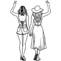 Girl Friends Sketch Drawing.