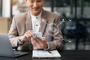Digital transformation technology strategy, Person using laptop, tablet and smartphone with of...