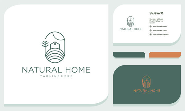 minimal and simple house icon vector logo with beautiful plant tree flower, organic house, cottage forest design and business card