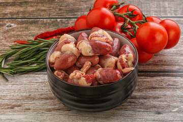 Raw chicken hearts for cooking