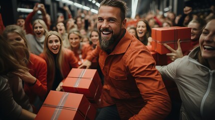 A group of people, a crowd of buyers runs with gifts for seasonal sales, discounts and best deals stores