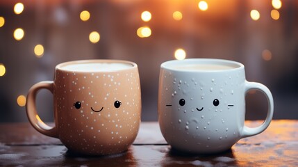 Two cute mugs with a drink stand on the table against the background of holiday lights