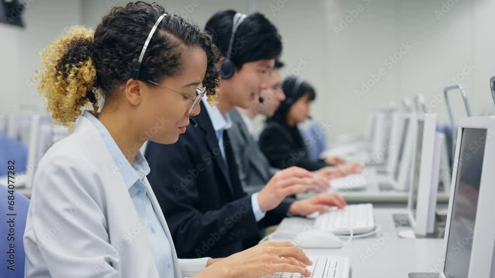 Poster multinational operator group working in the office. computer class. system engineering.