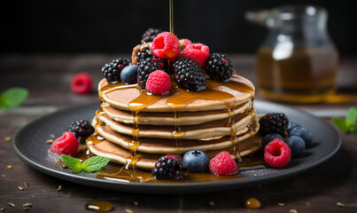 A delicious stack of pancakes with berries and syrup on a plate.