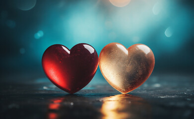 Obraz premium Valentine's day background with two hearts and bokeh lights