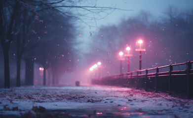 Winter foggy city street with lanterns and falling snow on the ground.