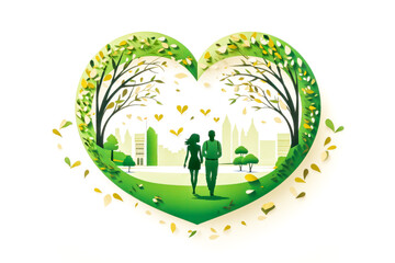 Heart-shaped frame created by trees encloses a couple in an urban park, symbolizing love and Valentine's Day, with a focus on environmental harmony