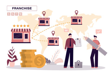 Partners sign franchise agreement. Successful network business development model. Owner transfers license to use brand and franchise to new partner.