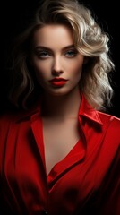 Glamour and Elegance in Red.
Glamorous woman wearing a striking red blouse, with a seductive look in a dramatic light.