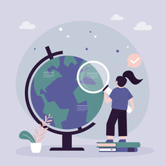 Girl uses magnifying glass and exploring globe. Child study geography. education, primary class. Student studying world map, discovery. Smart and curious kid.