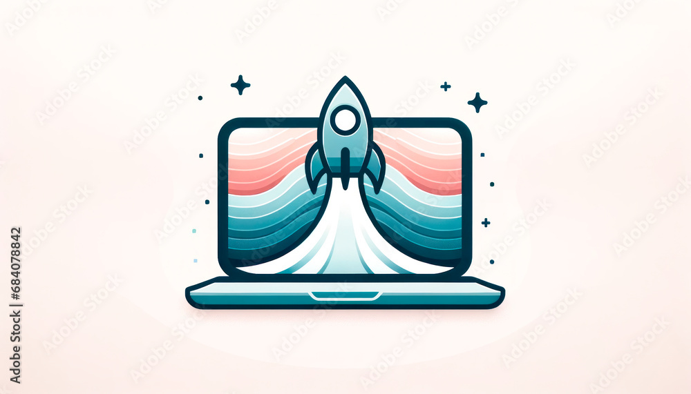 Poster laptop with rocket graphic and colorful wave design, generative ai