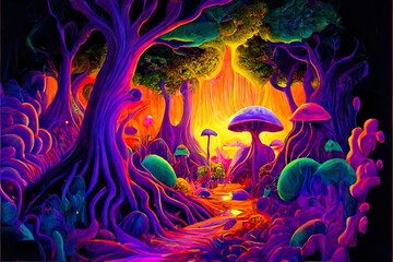 Fototapeta na wymiar psychedelic mushroom forest trippy toadstool jungle sunset abstract illustration