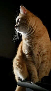 Vertical screen: Handsome ginger cat sitting on a table illuminated by rays of sunlight. A cute red cat sits on its hind legs and looks around curiously. Pets