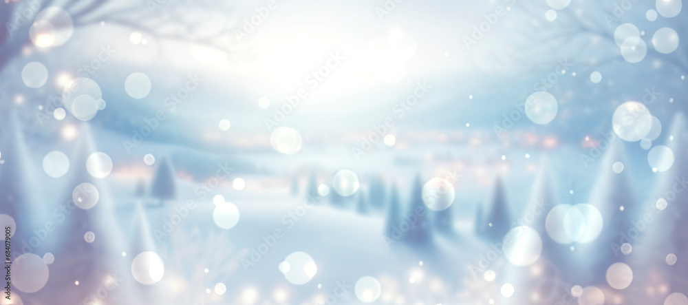 Poster Ethereal winter trees enveloped in soft-focus bokeh lights. Dreamy snowscape concept. Generative AI