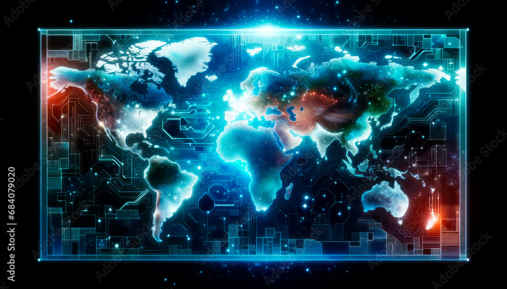 Poster holographic world map with vibrant digital effects on technological background. global connectivity 