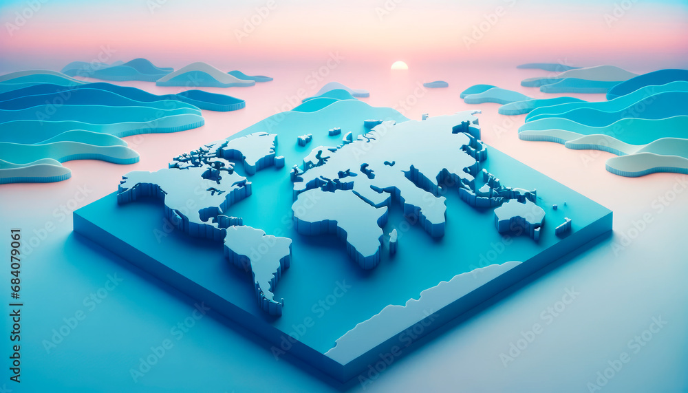 Poster serene 3d world map with soft pastel colors, set against a tranquil ocean backdrop. generative ai