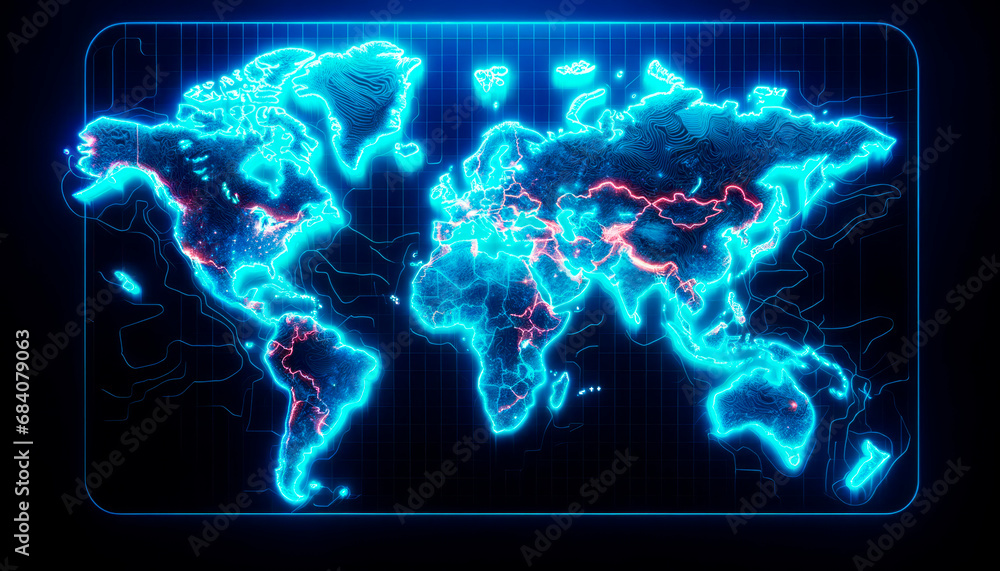 Poster Neon blue world map with digital circuitry and glowing red hotspots on dark background. Network analysis concept. Generative AI