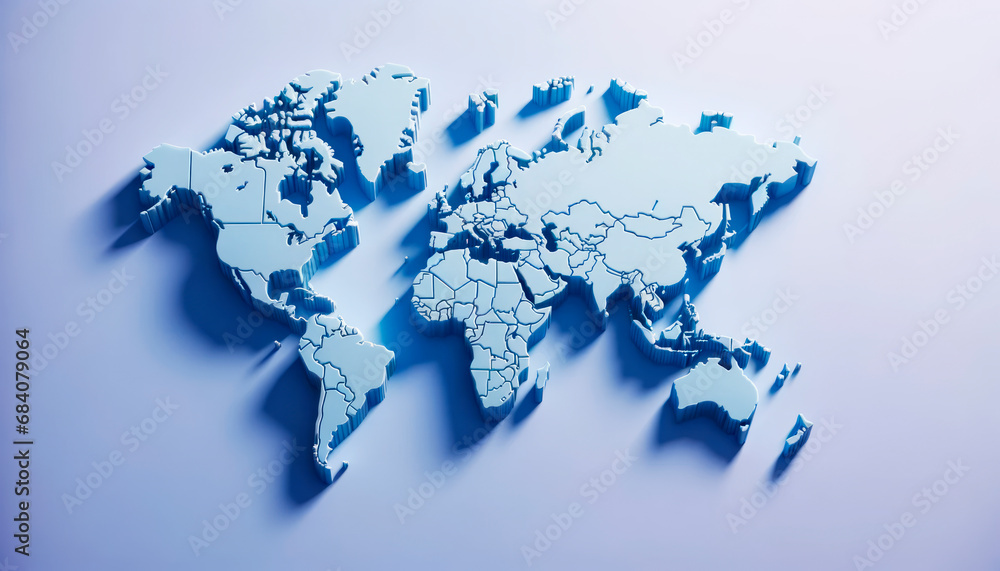 Poster elevated 3d world map showcasing detailed country borders on a blue background. generative ai